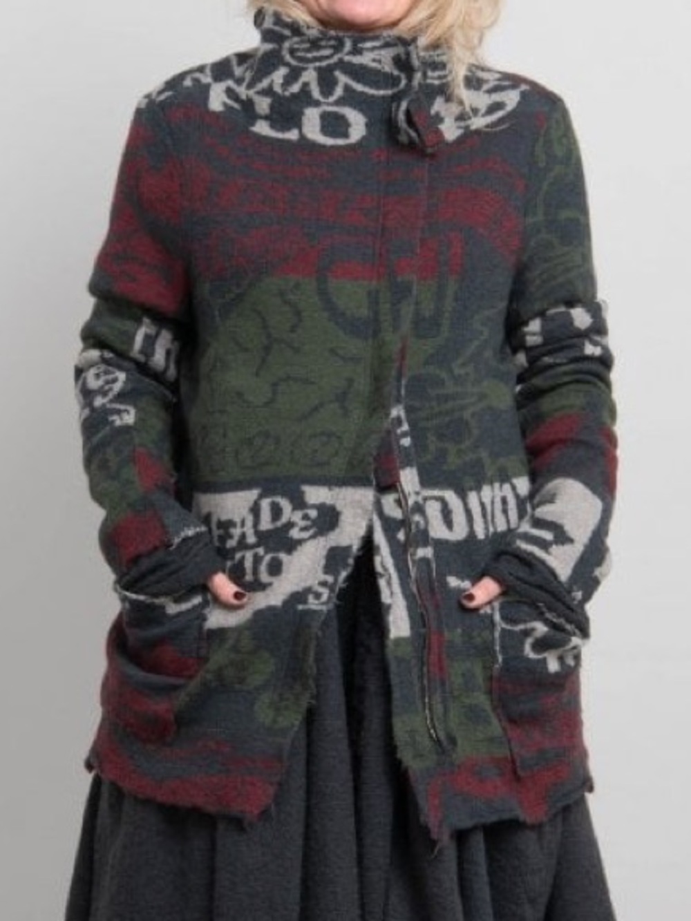 Rundholz Lagenlook Wool Knitted Asymmetrical Zip Cardigan Sweater Red Green Gray